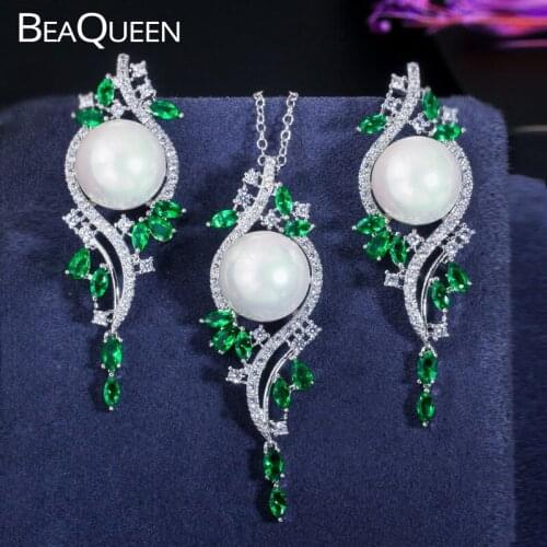 BeaQueen Green Marquise Cubic Zircona Micro Pave CZ Stones Big Pearl Long Earrings Pendant Necklace Sets Women Jewelry JS223