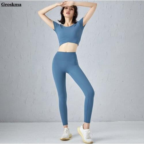 High waist leggings+cropped t shirt women yoga 2 piece set fitness gym sportswear clothing woman outdoor running suit sets