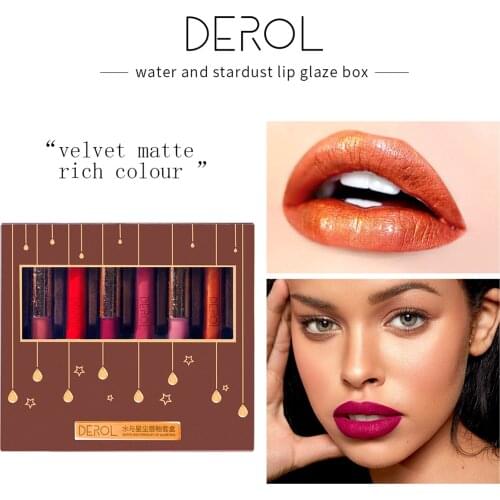 DEROL 6Pcs/Box Matte Lip Gloss Suit Liquid Lipstick Lip Glaze Waterproof Long-lasting Moist Lipstick Lip Sexy Velvety Lip Gloss