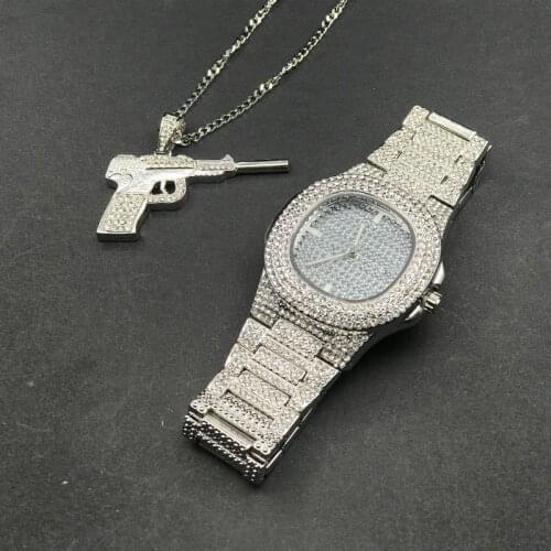 Luxury Men Watch & Necklace Gold Silver Color Hip Hop Ice Out Cuban Chain AK47 Pendant w/ 24" Box Chain Necklace Set For Men