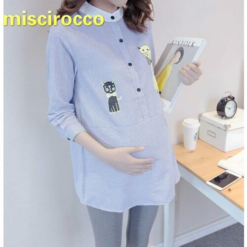 Pregnant Women Spring 2018 New Large Cotton Shirt Long Sleeved Striped Maternity Clothes Comfortably Breathable