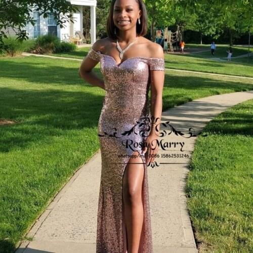 Off Shoulder Gold Sequined Prom Dresses 2021 Mermaid High Split Cheap Simple Long Girls Couple Fashion 2K21 Formal Party Wears