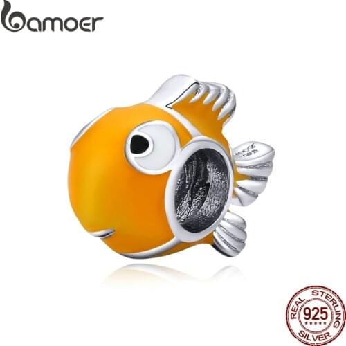 Bamoer Genuine 925 Sterling Silver Yellow Enamel Clownfish Metal Charm for Original Silver Bracelet Bangle DIY Jewelry BSC206