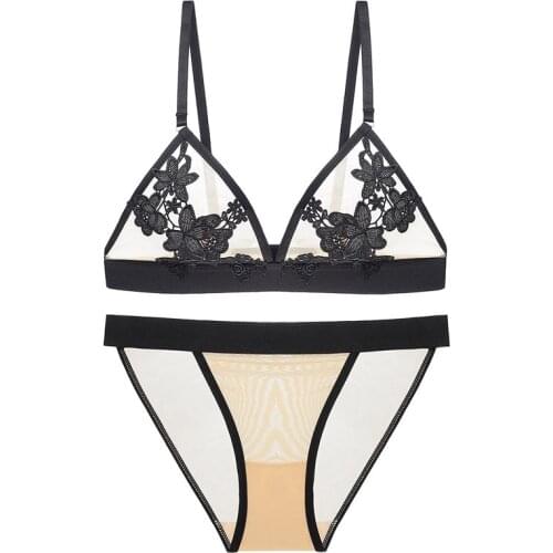 Romantic Lace Embroidery Sexy Transparent Underwear Sexy Gathered Bra Set Without Steel Ring thin womens Bra Set