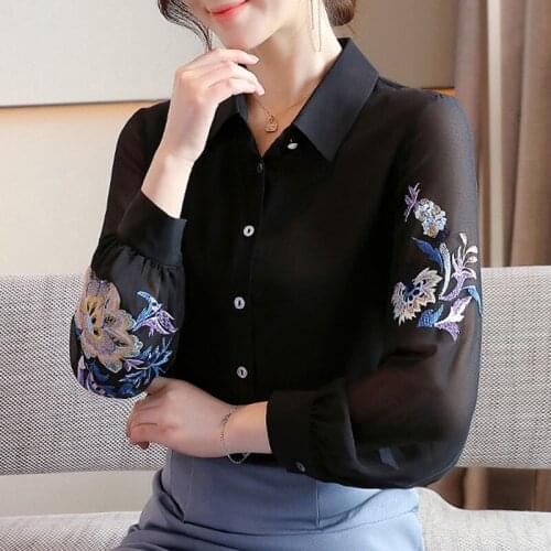Shirts For Womens 2020 Autumn Blouse Ladies Tops Casual Long-Sleeved Blusas Feininas Chiffon Embroidery Floral Button 0813