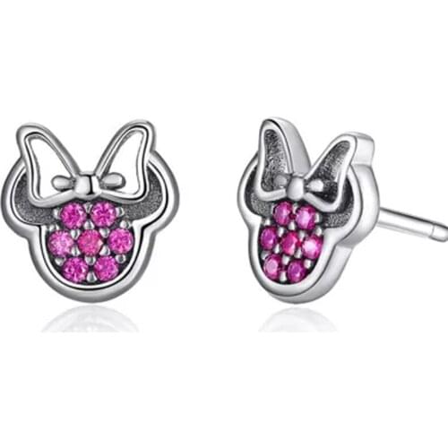 925 Sterling Silver Double Stud Earrings Purple Crystal Lovely Mouse Earrings For Women Wedding Jewelry Brincos