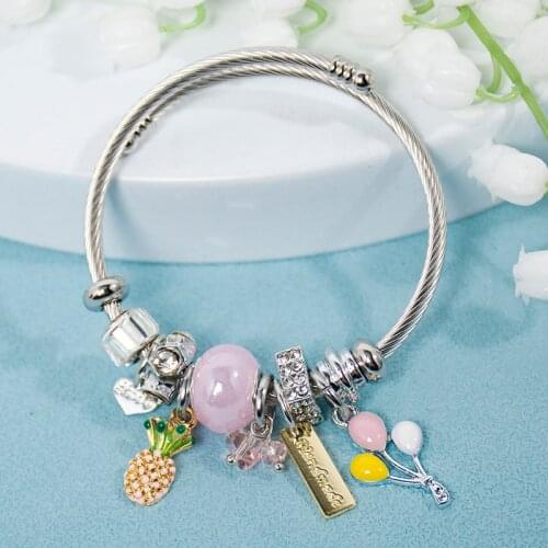Cute Pineapple Balloon Love Heart Charms Stainless Steel Wire Cuff Bracelet For Women Korean Crystal Bead Bangles Femme Jewelry