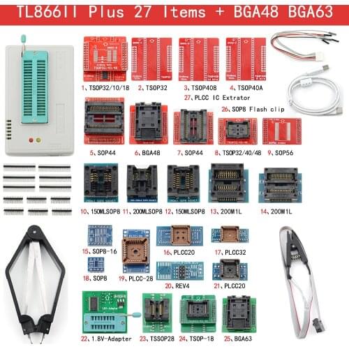 V10.9 TL866II Plus Universal Bios Programmer+ 27 Items With BGA48 BGA63 Adapters TL866 PIC USB Smart Test Product Chip Clips Hot