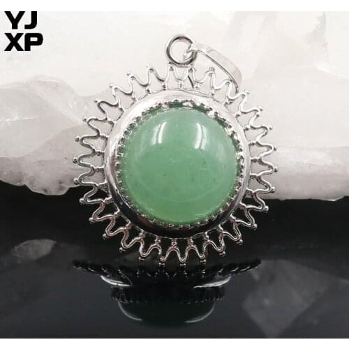 YJXP Trendy Silver Plated Round Sunflower Shape Green Aventurine Pendant Plant Jewelry