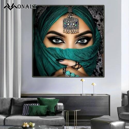 Big Eyes Green Veil Arab Woman Islamic Wall Art Girl Canvas Print Pretty Figure Painting Luxury Poster Aesthetic Bedroom Decor