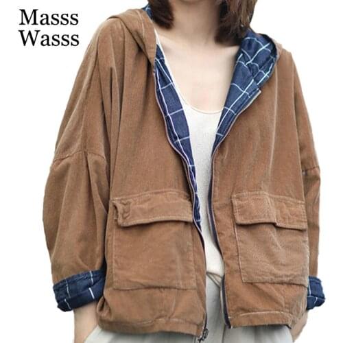 Masss Wasss New British Fashion Designer Womens Casual Denim Plaid Reversible Jackets Ladies Vintage Hooded Coats Punk Clothing