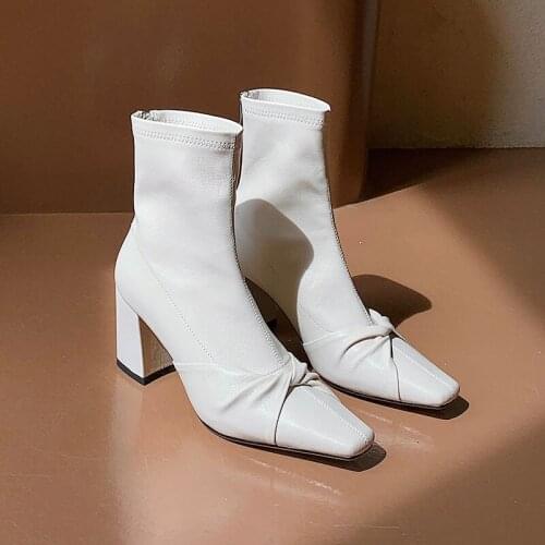 Thick-Heeled Square-Headed High-Heeled Elastic Thin Boots Womens Beige Temperament Short Boots 2021 Spring New Ankle Boots