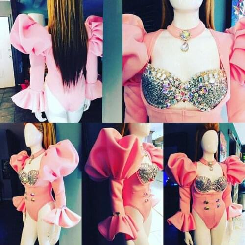 Palace Puff Sleeve Pink Sexy Bodysuit Drag Queen Costumes Women Gogo Dancers Costumes Nightclub Bar Rave Festival Outfits DN9735