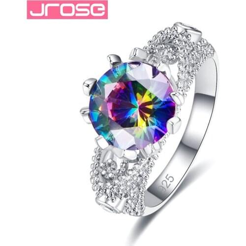 JROSE 2019 New Arrival White Gold Color Rainbow Square Zircon Promise Wedding Bands Rings for Women Party Jewelry Ladies Gifts