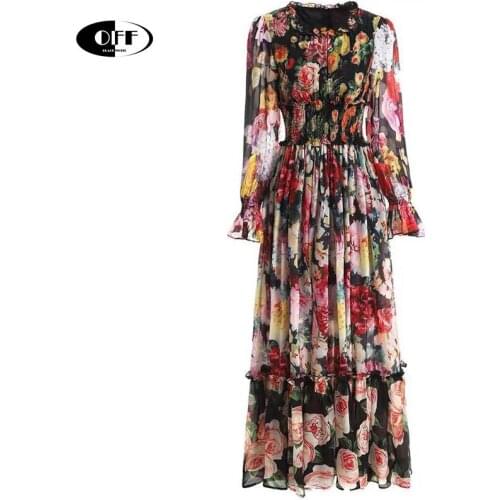 Womens Summer Beach Ruffles Maxi Dresses Elegant Elasticity Waist Floral Runway Long Sleeve Party Evening Dress Plus Size 2XL
