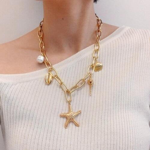 Women Fashion Starfish Shell Conch Pendant Alloy Chain Necklace Party Jewelry Women Fashion Pendant Alloy Long Chain Necklace