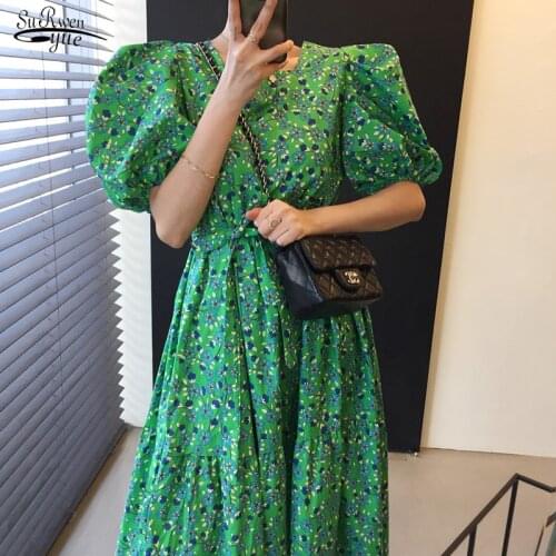 2021 Fashion Floral Dress Women Green Korean Summer Printed Dress Square Neck Lace Waist Loose Ruffle Dresses Slim Purple 15685