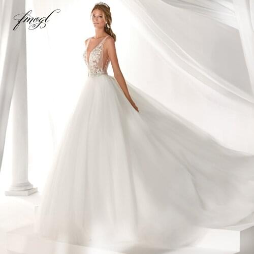 Fmogl Vestido De Noiva Sexy Illusion Wedding Dress 2021 Embroidery Appliques Beaded Backless Court Train A Line Bride Gown