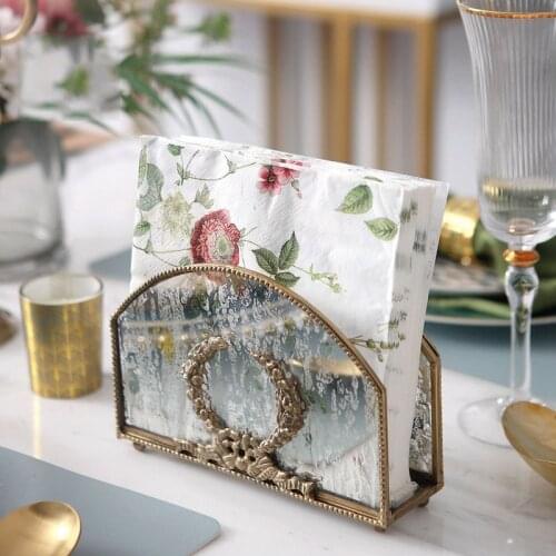 European Carved Brass Retro Glass Paper Towel Rack Nostalgic Palace Napkin Paper Clip Luxury Table Decor Ornament Accessories