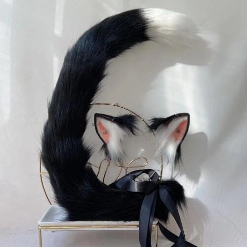 Black Cat Ears Tails Kitty Fox Wolf Cosplay Lolita KC Headwear Gradient Black White Pink Synthetic Fur Long Thick Headband