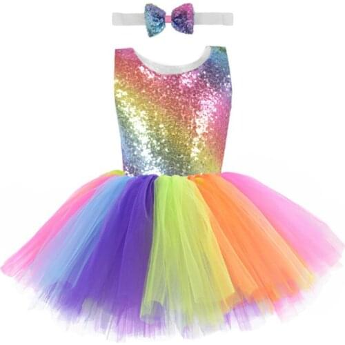 K3NF Children Dance Costume Princess Cosplay Rainbow Sequin Mesh Colorful Tutu Dress