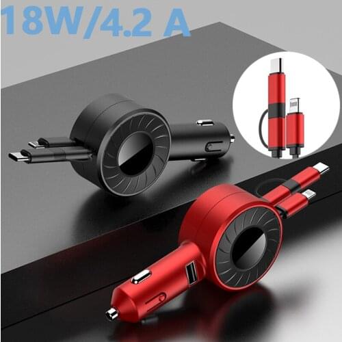 Multifunctional Car Charger with 3 in 1 Data Cable for Apple Type-c Android Free stretch Fast Charging 18W 4.2A Car Charger