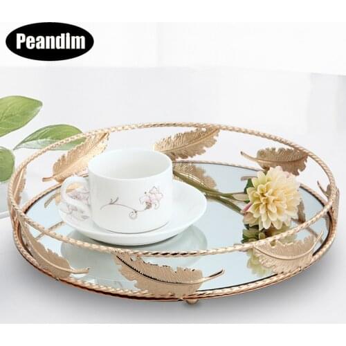 PEANDIM Minimalist Round Mirror Tray Desktop Cosmetics Jewelry Storage Tray Wedding Party Display Living Room Household Dessert