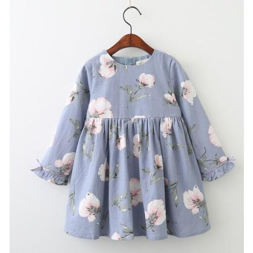 Spring and Autumn New Girls Dress Fashion Full Print Flower Bow Long Sleeve Dress Childrens clothings