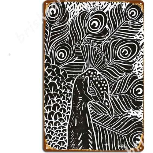 Peacock Linocut In Black Metal Signs Cave pub Garage Decoration pub Printing Tin sign Posters
