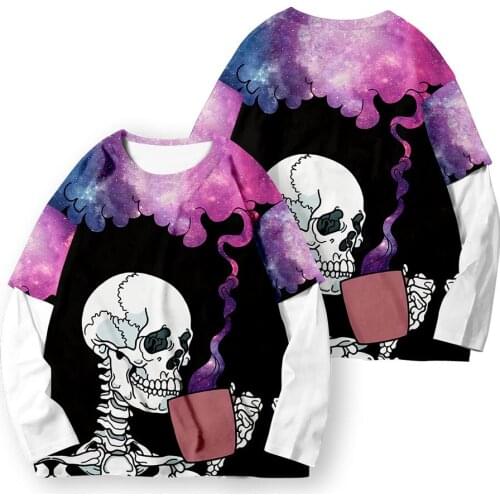 Hot Sale Spring New Fashion Men Women Skull Printing Fake Two Pieces Pullover Couple Long Sleeve T-shirt Sweatshirts