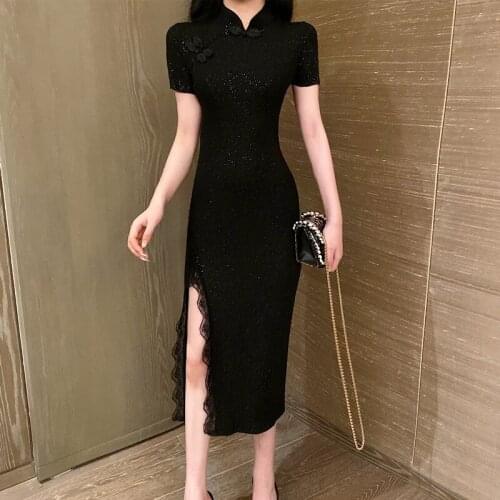 Real shot temperament Slim split fork black improved cheongsam party dress new retro elegant sexy was thin package hip dress