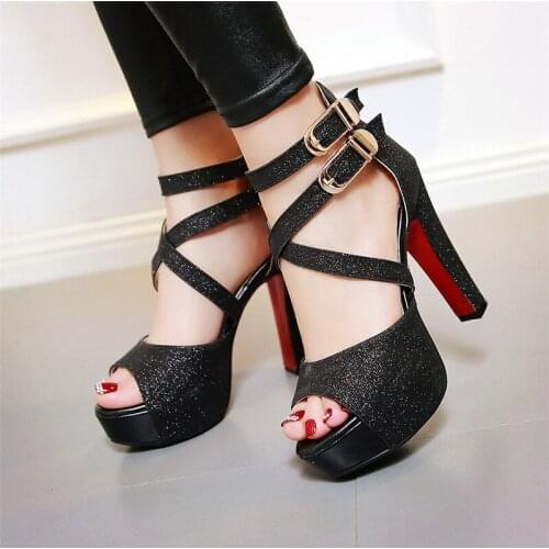Casual Women Platform Sandals Glitter Leather 12cm High Chunky Heel Summer Buckle Cross Strap Zipper Gold Wedding Lady Sandals