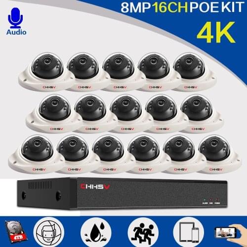 CHHSV 16CH POE 4K NVR System 16pcs 8MP Security Outdoor POE IP Camera H.265+ 4K 16CH CCTV Video Surveillance System kit