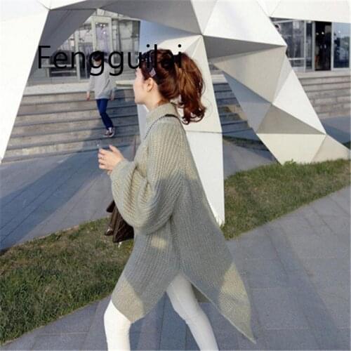 Autumn Winter Thick Long Sweater Women Lantern Sleeve Side Slit Half Turtleneck Sweaters Pullovers Oversized Pull Hiver Femme
