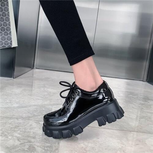 YMECHIC Autumn Spring Ladies Flat Platform Shoes Lace Up Patent Faux Leather White Black Sneakers Oxford Shoe for Women Big Size