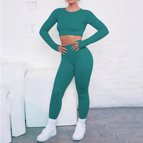 Women Running Seamless Yoga Set Long Sleeve Crop Top Shirt Butt Lifting Leggings Sportswear Gym Clothing Fitness Sports Suits