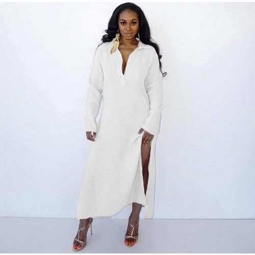 White/pink/blue Women Loose Shirt Dresses Autumn Turn Down Collar Long Sleeve Blouse Dress Simple Button Side High Split Robe