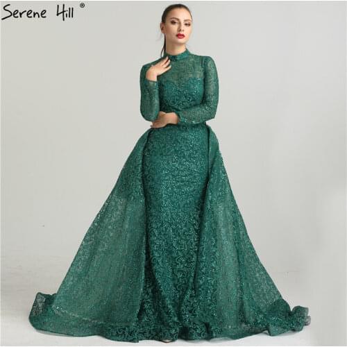 Sexy Sheer High Neck Green Long Sleeve Dubai Evening Dresses Party 2020 Glitter Formal Dress Robe De Soiree with Train BLA6326