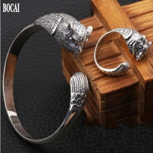 100$ real S925 pure silver jewelry ladies silver owl ring personalized men and women open bracelet vintage Thai silver bracelet