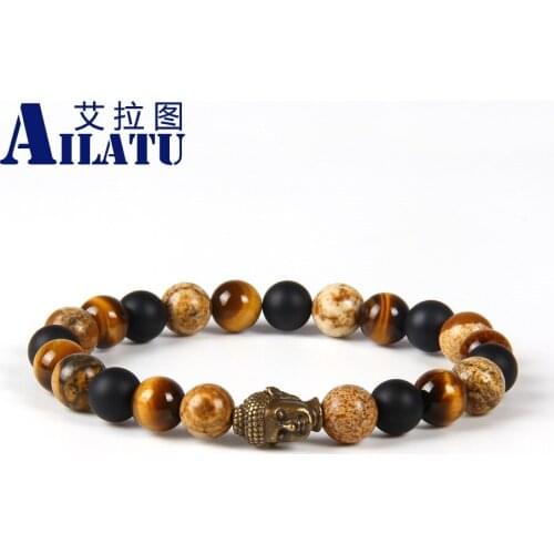 Ailatu New Design Wholesale 10pcs/lot 8mm Picture with Tiger Eye Stone Beads Bronze Buddha Head Bracelet