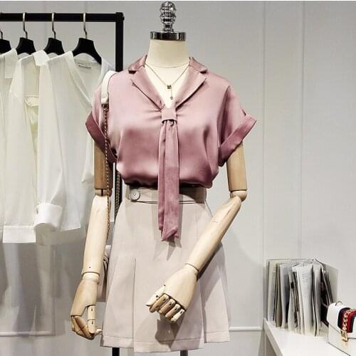 Satin Chiffon Women Blouse Summer New Design 2021 Bow Neck Solid Loose Elegant Office Lady Pulls Outwear Tops