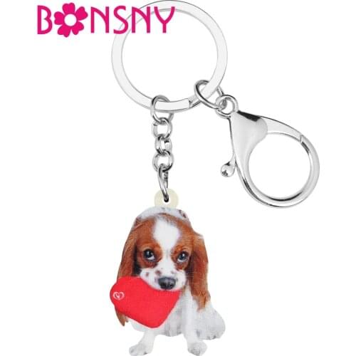 Bonsny Acrylic Valentines Day Cavalier King Charles Spaniel Dog Key Chains Ring Bag Car Purse Keychain For Women Girl Teen Gift