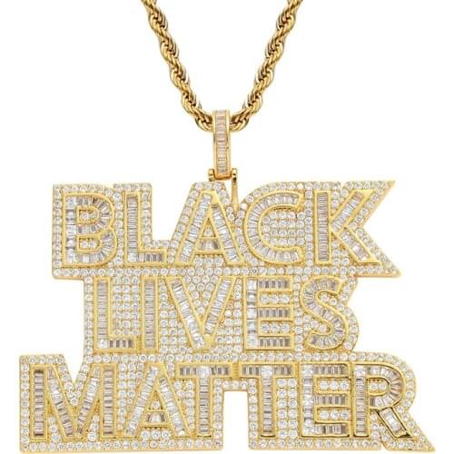 Hip Hop Iced Out Gold Plated Micro Paved Simulated Diamond BLACK LIVES MATTER Pendant Necklace Rope Chain For Men Dropshipping