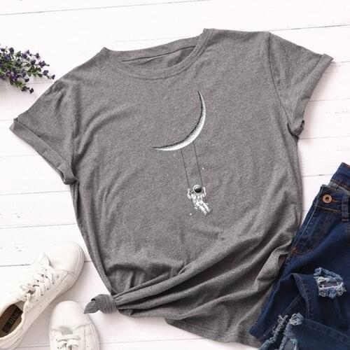 100% Cotton Women T-Shirt Summer Plus Size S-5XL New Moon Astronaut Print Casual O Neck Short Sleeve T Shirt Black Tops Clothing