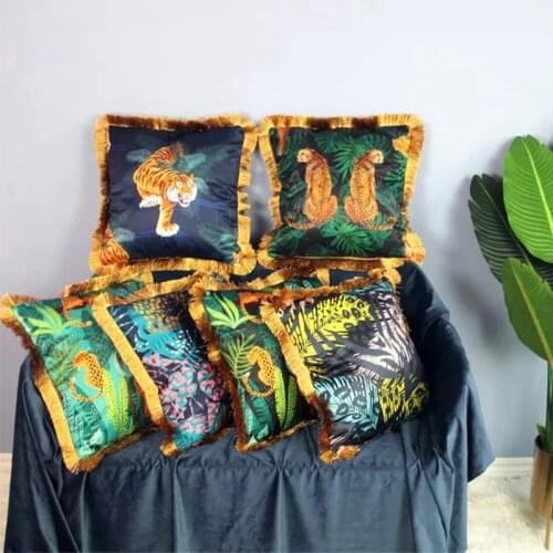 Imitation Silk Gold Tassel Cushion Cover 45x45cm Luxurious Home Decor Pillowcase Animal Tropical Rain Forest Cushion Cover