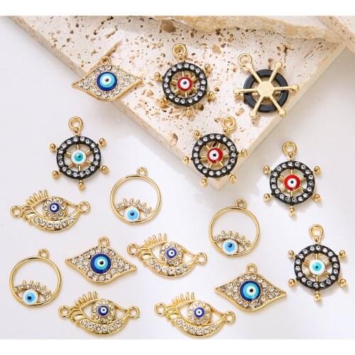 HEYUYAO 10pcs/lot Alloy Enamel Crystal Blue Eye Charms Pendant Connector DIY Necklace Bracelet For Jewelry Making Accessories