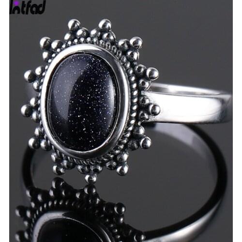 Sterling Silver 925 Ring for Women 7x9mm Natural Blue Sandstone Ring Gift Sun Shaped Retro Luxury Fine Jewelry