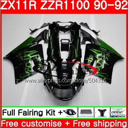 Body For KAWASAKI NINJA ZZR1100 ZX11R ZX-11R ZZR 1100 5SH.9 ZX11 ZX11R 90 91 92 ZX 11R 1990 1991 1992 Fairings Kit Green flames