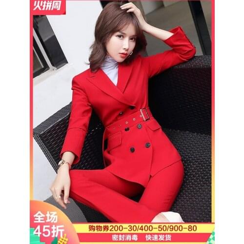 Red suit suit female work clothes female professional temperament fashion host formal suit lady suit president suit 2 piece set