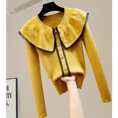 Lace Stitching Sweet Doll Large Lapel Long Sleeve Slim Sweater Womens Winter Sweaters 2020 New Bottom Shirt Girl Lady Knitwear